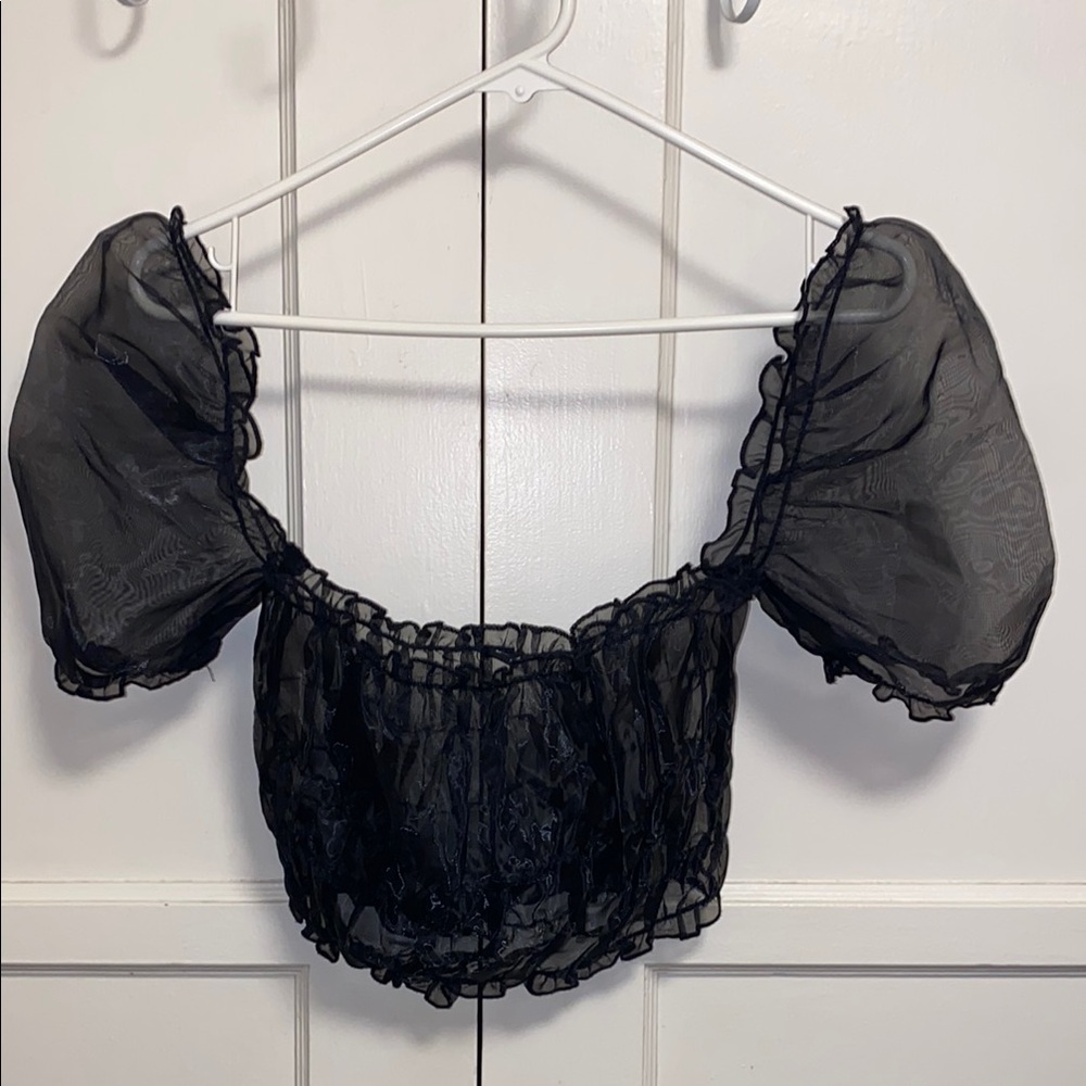 Hey Babe Small Black Sheer Puff Sleeve Crop Top